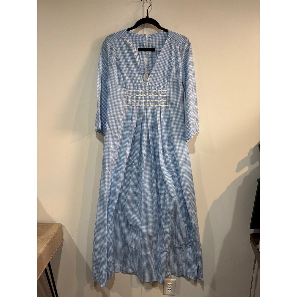 Vintage Smart Time‎ Dress Womens Small Blue Gingham Kaftan Maxi Empire 60s 70s